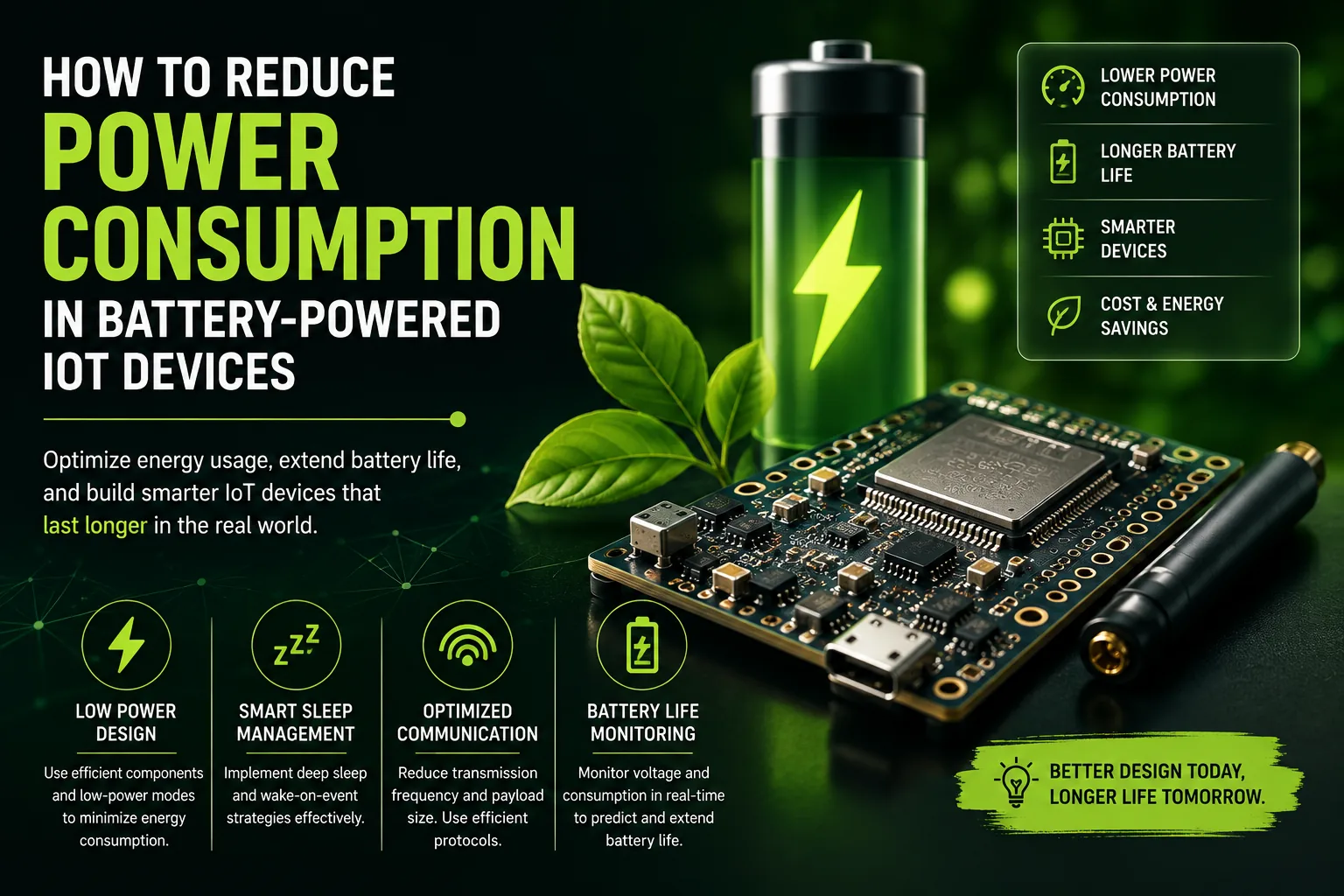 How to reduce power consumption in battery-powered IoT devices infographic
