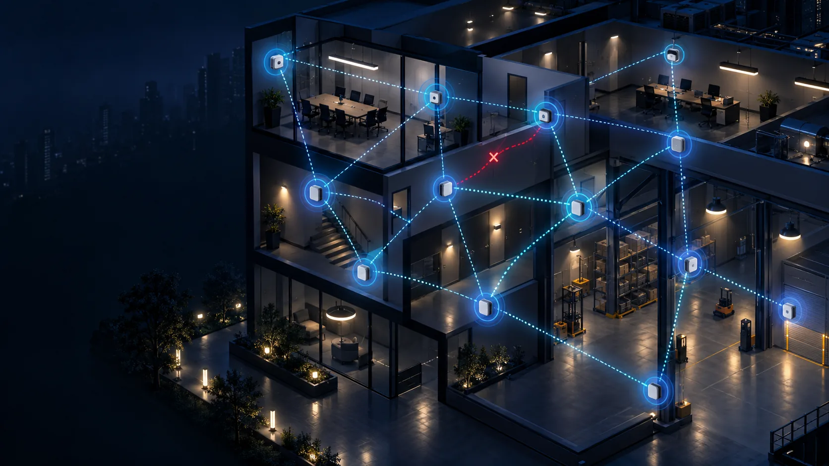 3D rendering of a building with wireless BLE mesh sensor nodes and relay connections mapped across floors