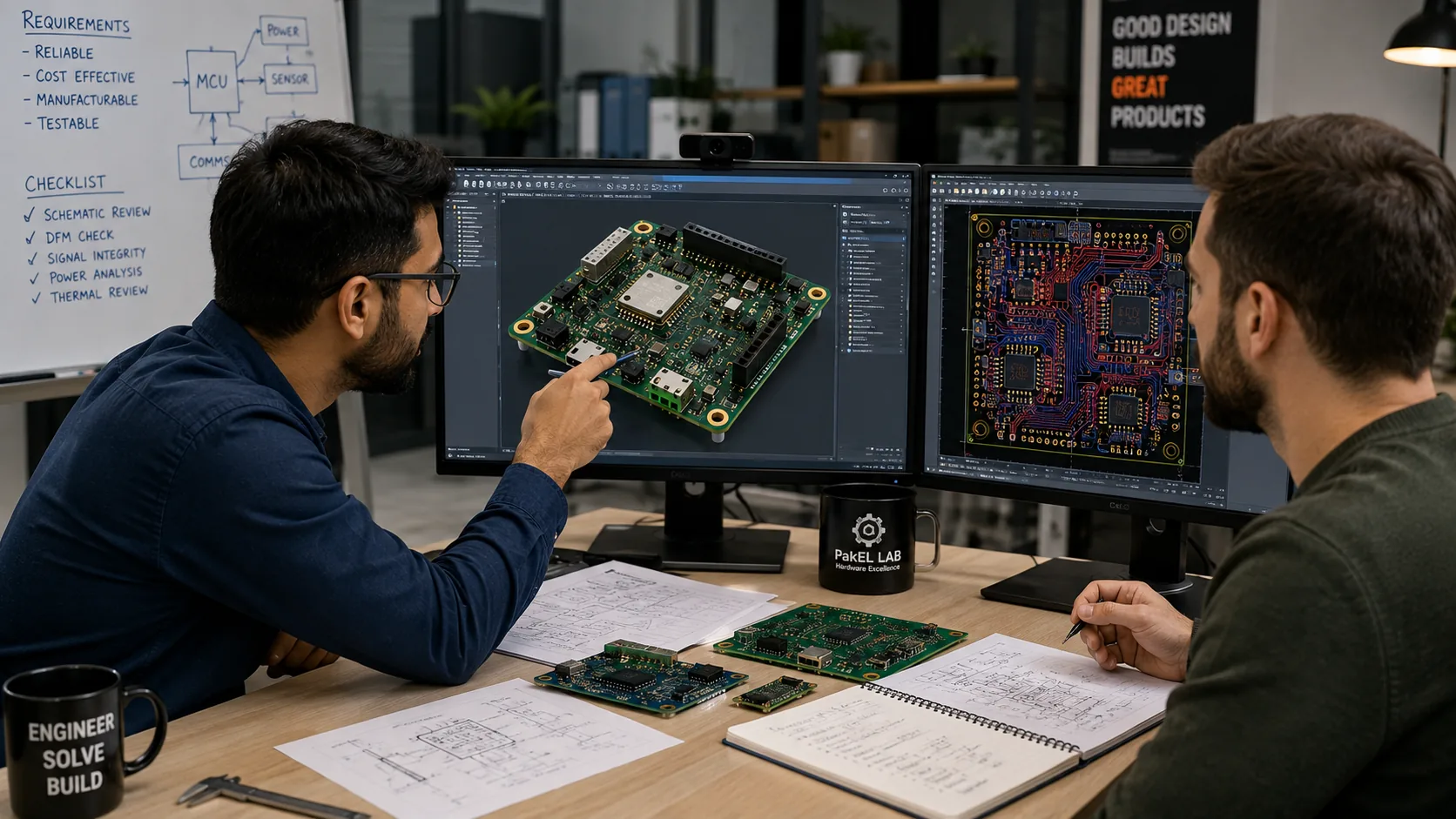 Two engineers reviewing a PCB design and layout together on screen during a design review