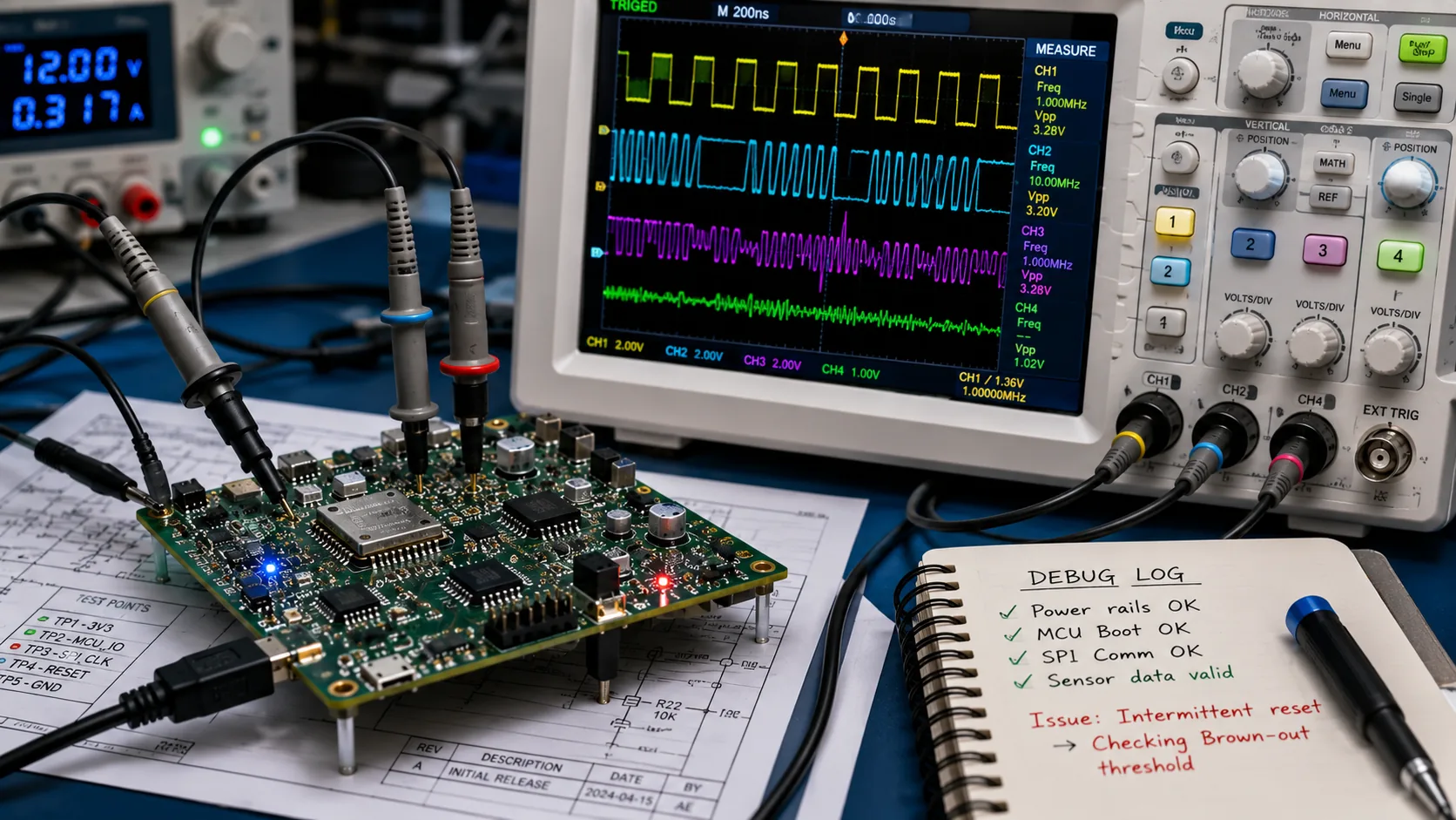Embedded systems debug bench with oscilloscope and a debug log noting an intermittent reset issue