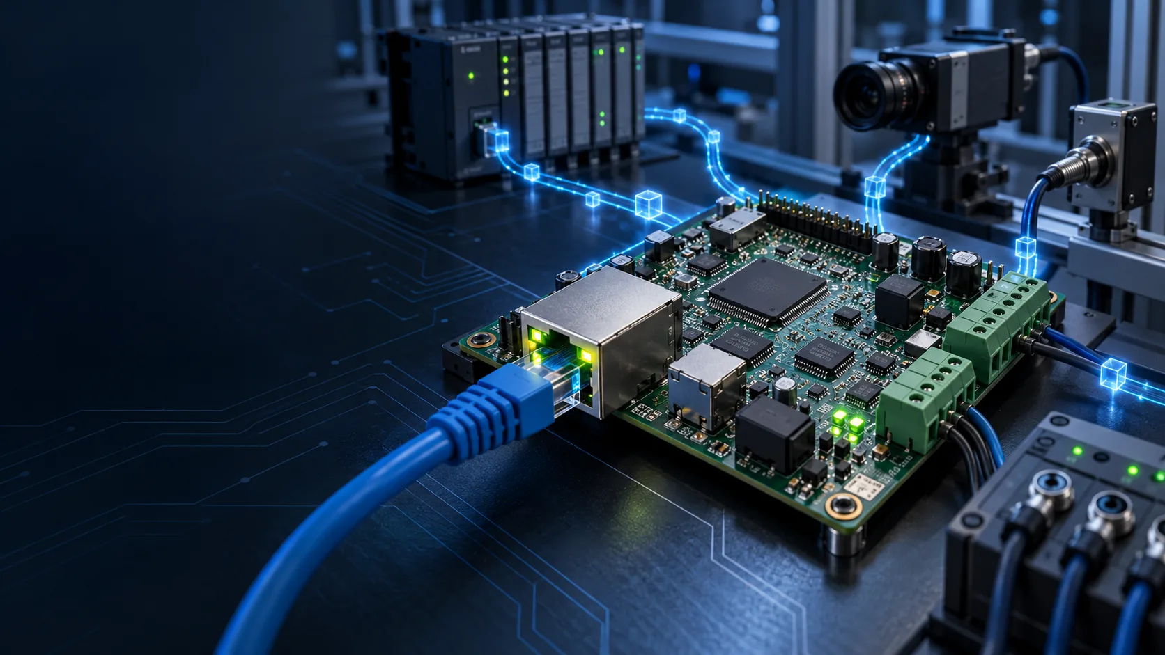 Embedded PCB with an RJ45 Ethernet cable connected, alongside industrial PLC modules and vision sensors