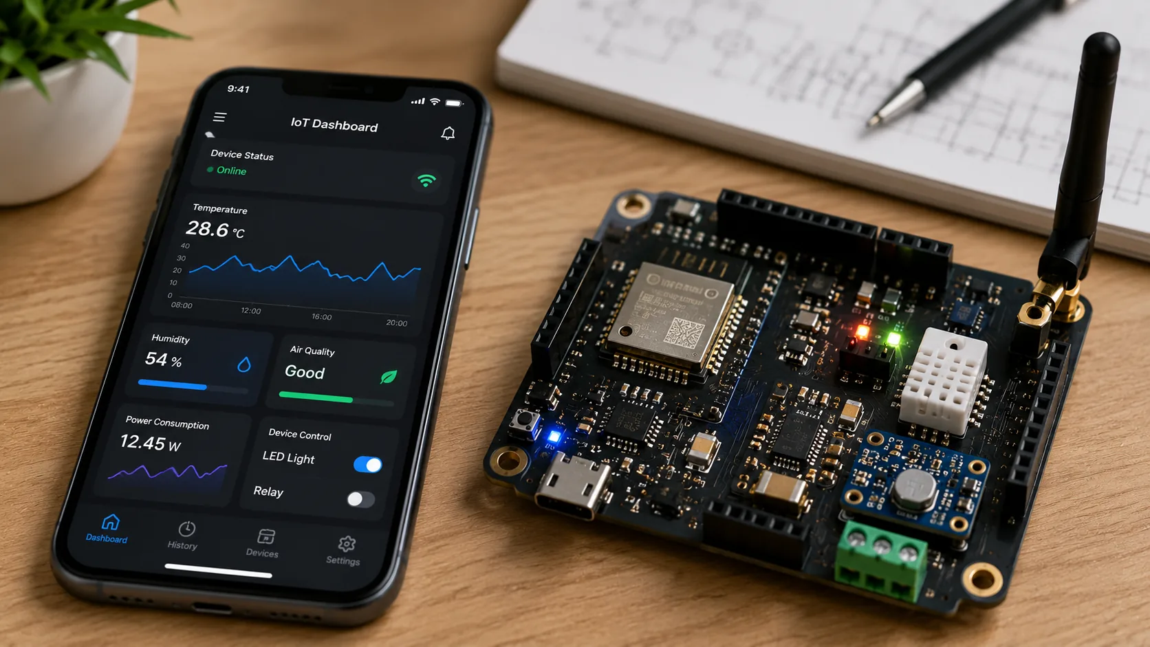 ESP32 IoT hardware paired with a mobile app dashboard showing live sensor data