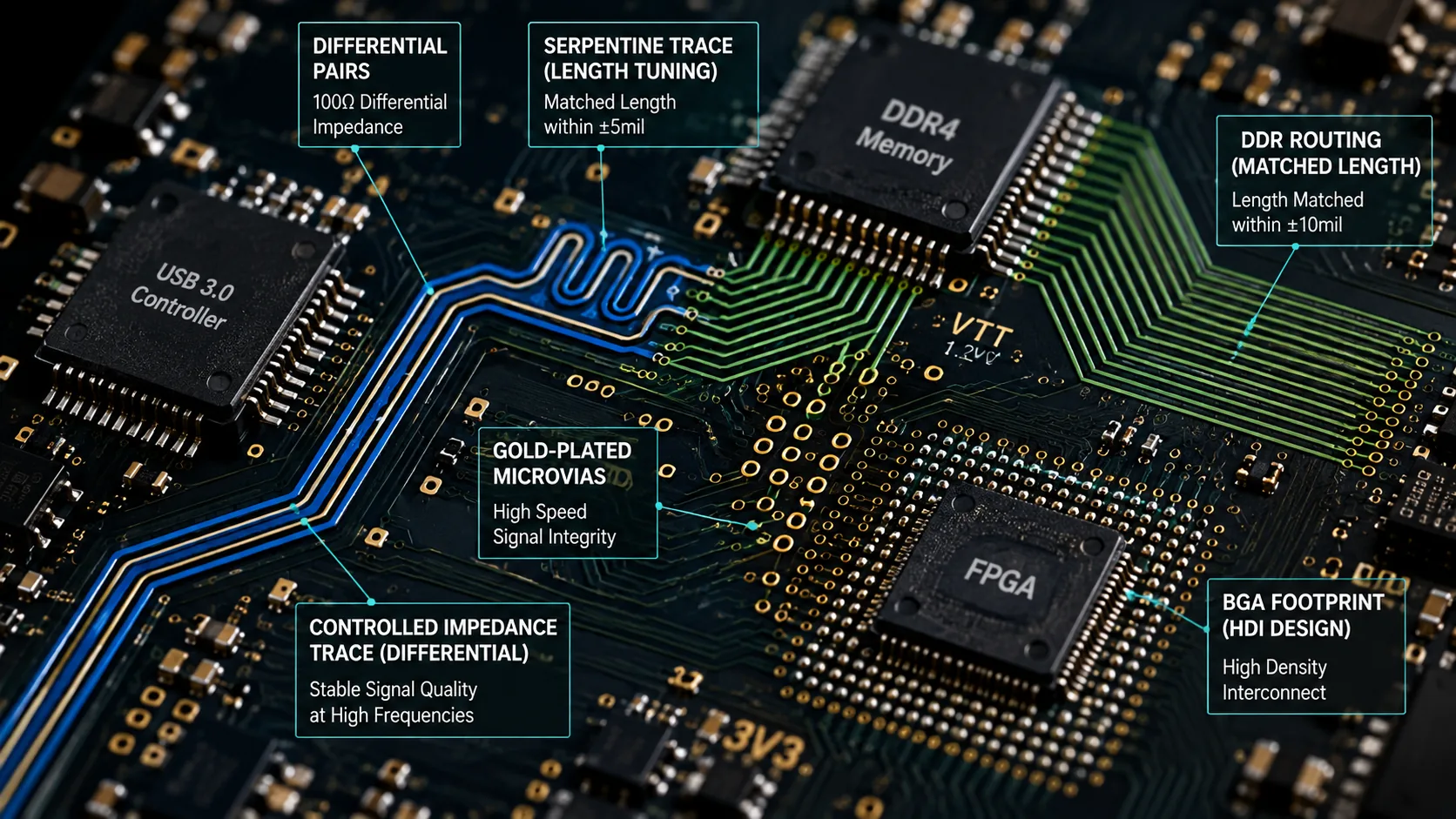 High-speed PCB with annotated differential pairs, DDR routing and controlled-impedance traces