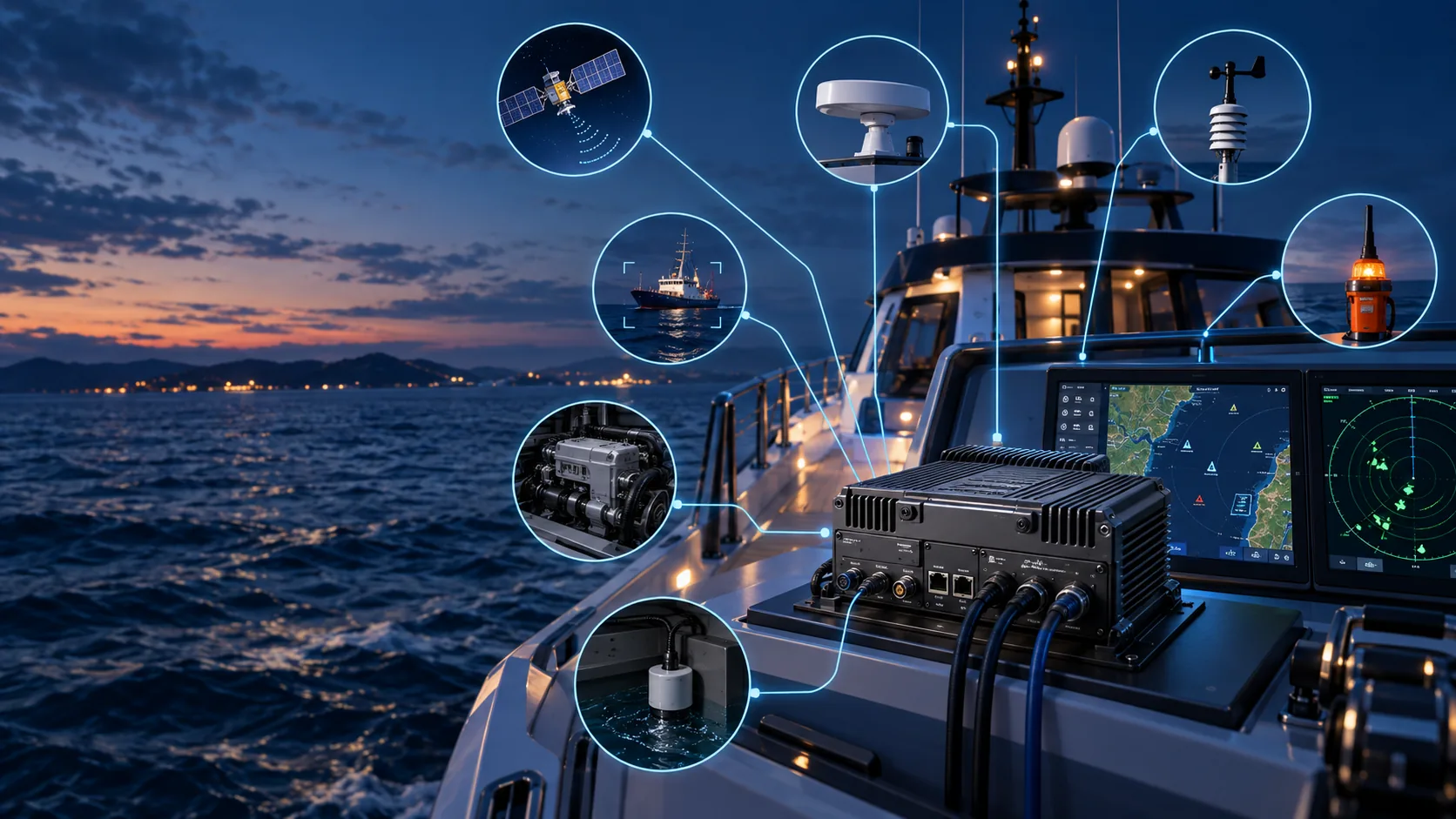 Marine electronics control unit on a vessel bridge connected to GPS, radar, weather station, engine, and satellite sensors