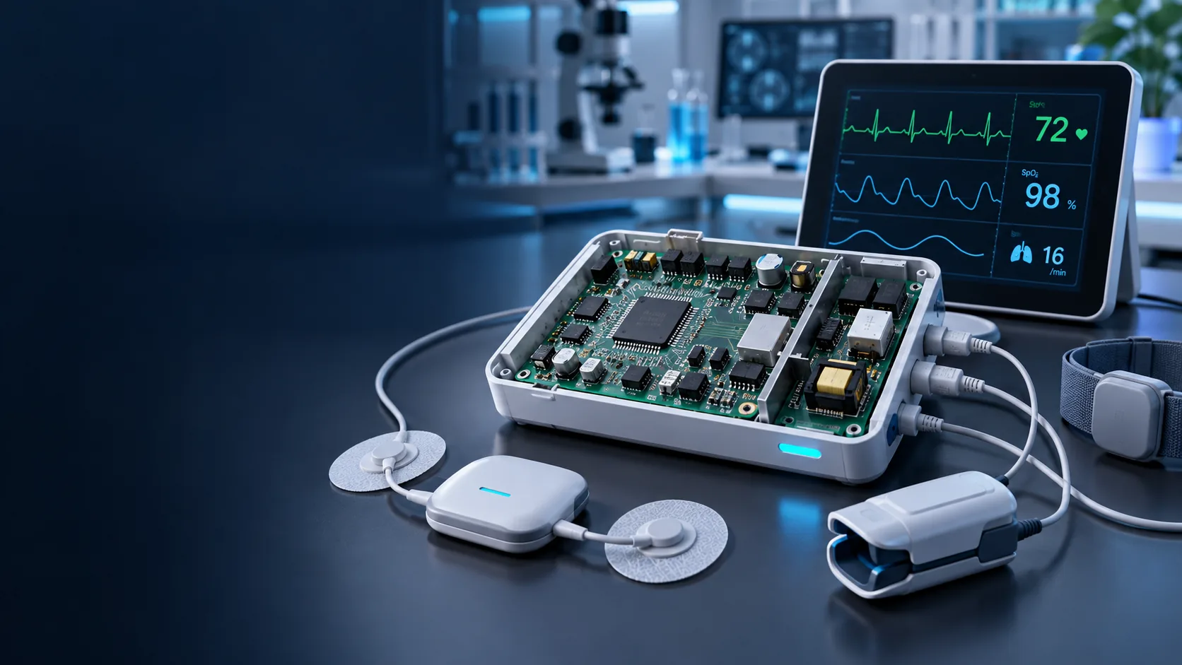Medical device PCB connected to a patient monitor, ECG electrodes, and pulse oximeter displaying vital signs