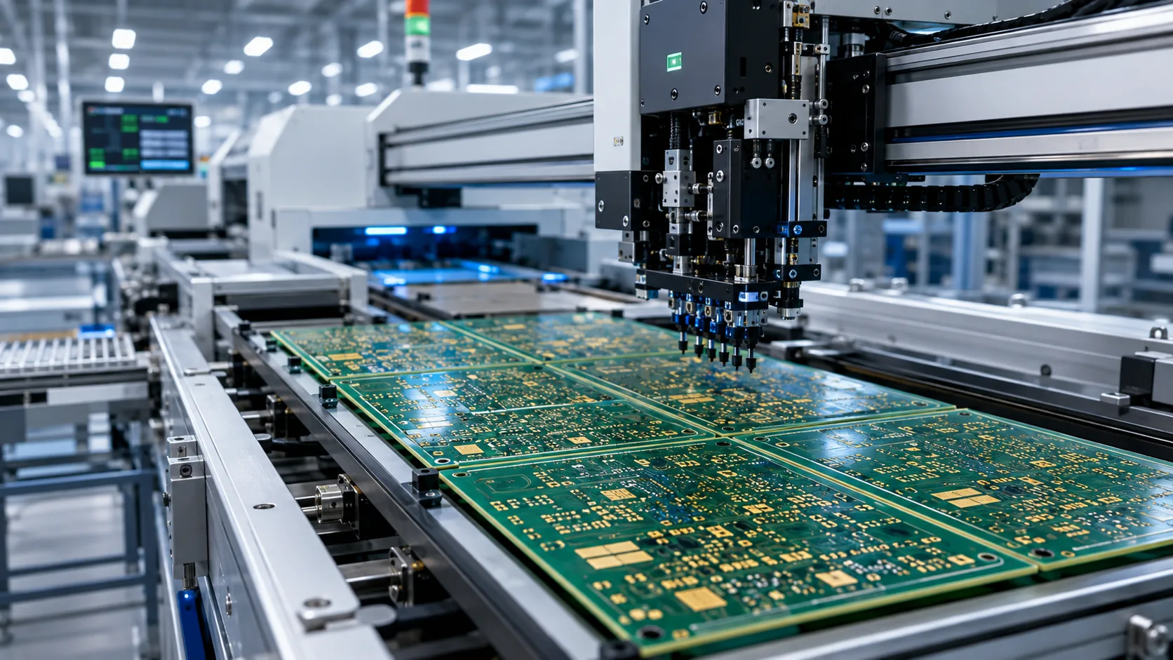 Automated SMT pick-and-place line assembling PCB panels for mass manufacturing