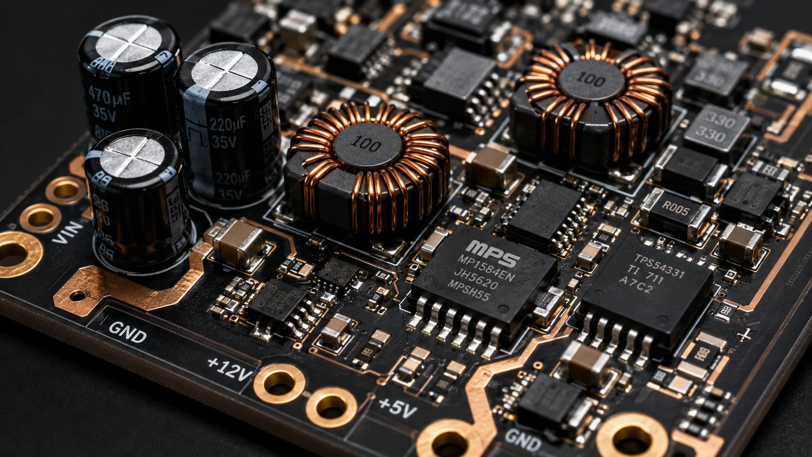 Power supply PCB with buck converters and toroidal inductors for embedded electronics