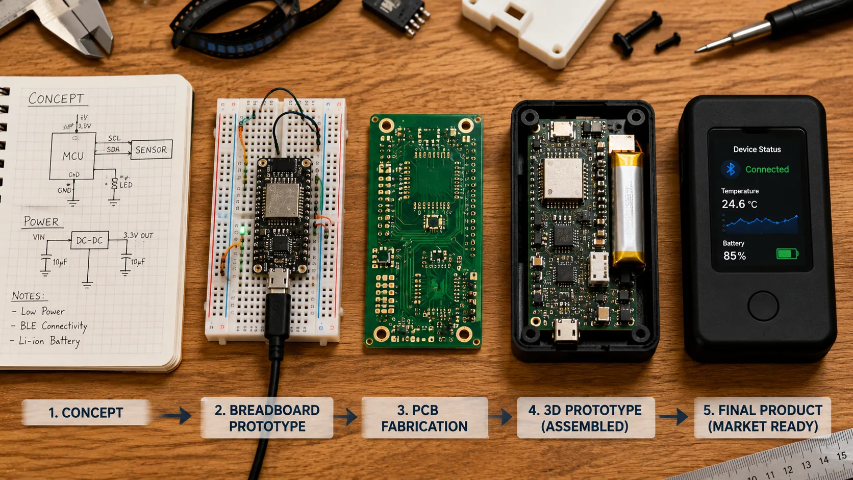 Product development journey from concept sketch and breadboard to finished enclosed device