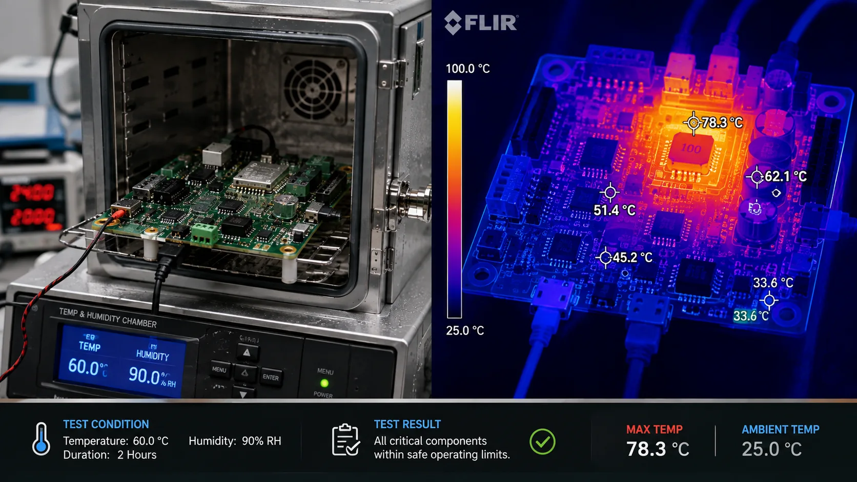 Prototype PCB undergoing environmental chamber and thermal imaging testing