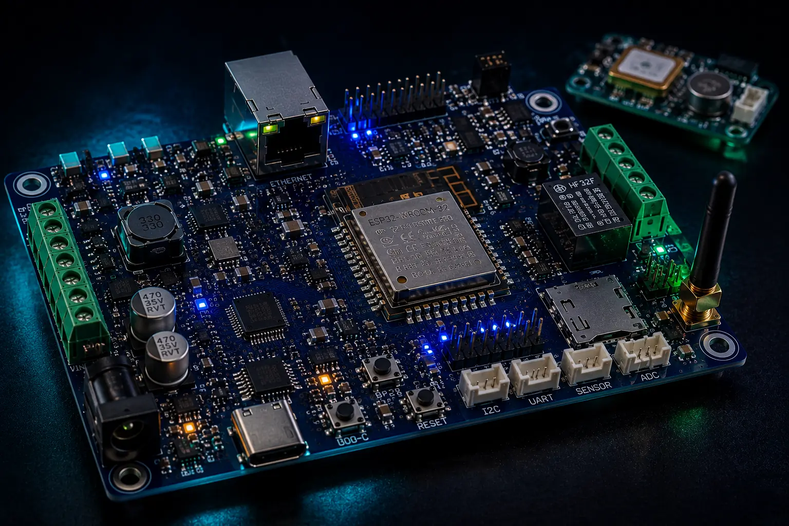 Custom ESP32-based IoT gateway PCB designed by PAK-EL LAB, with Ethernet, USB-C, I2C, UART and sensor connectors, alongside a GPS module board